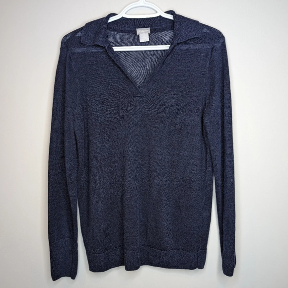 Chicos Navy  Blue Linen Blend V Neck Collared Thin Knit Top Woman Size 1 Medium - Picture 2 of 9
